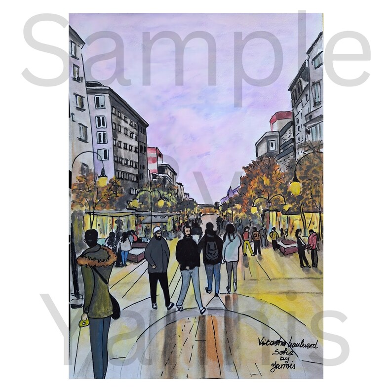 May include: Watercolor painting of a city street scene with pedestrians and buildings. The artwork features a boulevard with people walking, trees, and streetlights. The text "Vitosha boulevard" and the artist's signature are visible.