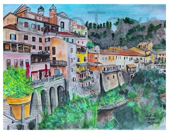 Nemi Italy Watercolor Print, Romantic Italian Village, Castelli Romani Art (Digital Download)