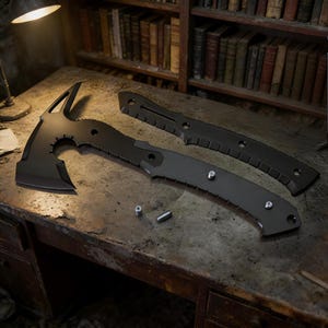 Pode incluir: Conjunto de machado tático preto e faca com serra. O machado apresenta uma cabeça de martelo e uma lâmina curva. A faca tem uma borda serrilhada. Ambas as ferramentas são feitas de metal preto e são exibidas em uma superfície desgastada.