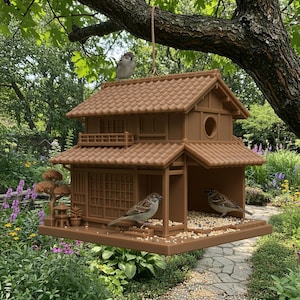 May include: Brown, Japanese-style birdhouse with a tiled roof, small balcony, and decorative details. Several birds perch on the roof and inside the birdhouse, which is suspended from a tree branch. The birdhouse is filled with birdseed.