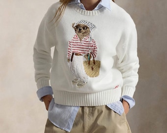 Polo Ralph Lauren Bear Sweater | White Luxury Cotton Wool Crewneck Handmade Jumper Pullover Unisex