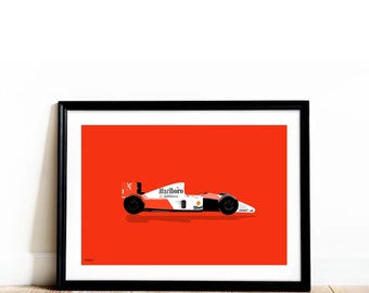Póster con ilustración del McLaren MP4/4, coche de carreras de Fórmula 1, arte mural, impresión automotriz