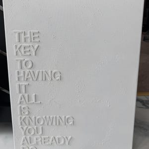 May include: A rectangular white canvas wall art piece featuring a textured surface and raised white lettering that reads: THE KEY TO HAVING IT ALL IS KNOWING YOU ALREADY DO. The text is arranged in a vertical column on the left side of the canvas.