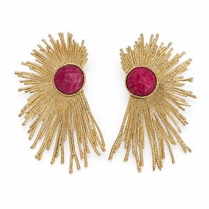 Rode Kwarts Zonnestraal Oorbellen, Vergulde Messing Statement Studs