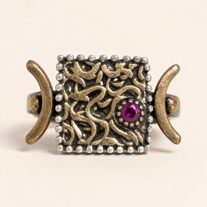 Ruby-Color Gemstone Statement Ring, Sterling Silver and Bronze, Adjustable Anatolian Botanical Ring