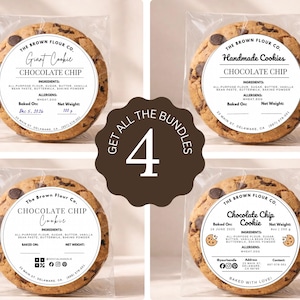 Puede incluir: Cuatro galletas con chispas de chocolate envueltas individualmente de The Brown Flour Co. Cada galleta tiene una etiqueta con ingredientes e información de horneado. Las galletas están empaquetadas en plástico transparente, y la imagen incluye un gráfico circular marrón con el número 4 y el texto "GET ALL THE BUNDLES".