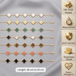 May include: Seven gold-tone chain bracelets featuring five clover-shaped charms each in white, gold, green, black, brown, coral, and black. The bracelets are 16 cm to 22 cm long and labelled as 18K gold plated, waterproof, anti-tarnish, stainless steel, and hypoallergenic.