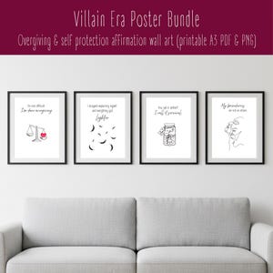May include: A set of four framed black and white art prints with affirmation quotes. The prints feature line drawings and text, including phrases like "I'm done overgiving" and "My boundaries are not an attack."