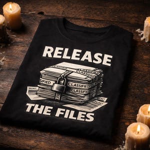 May include: Black t-shirt with the words "RELEASE THE FILES" in white. The graphic depicts a stack of classified documents secured with a padlock. Lit candles surround the shirt on a wooden surface.