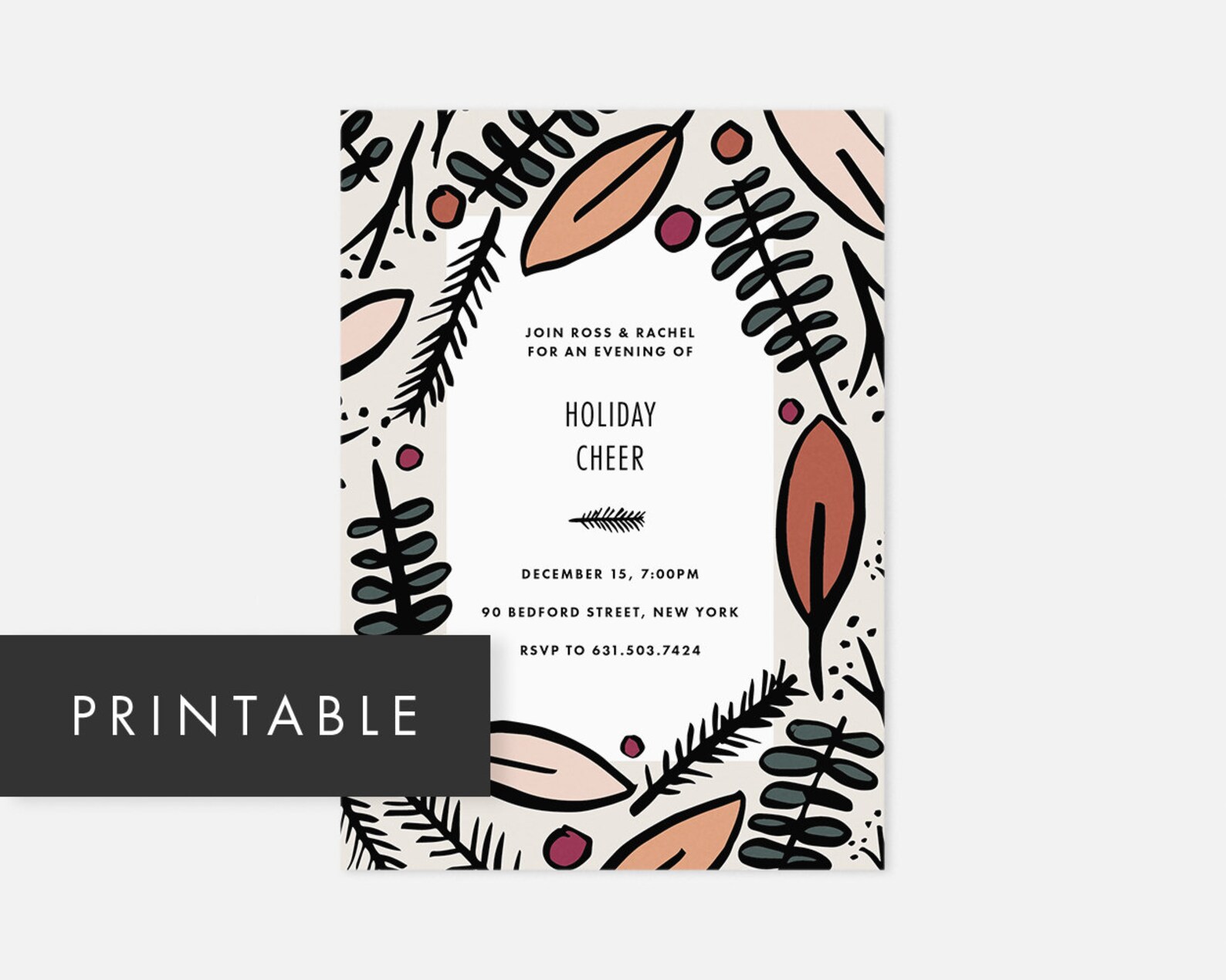 Printable Holiday Party Invitation PDF With Modern Leaves in Etsy