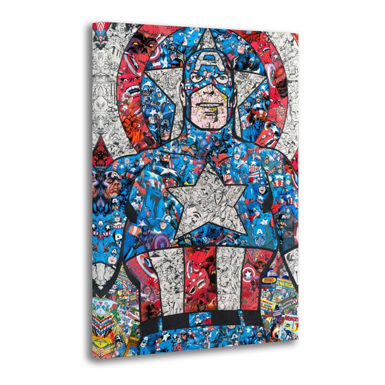 May include: A canvas print featuring a collage of Captain America. The artwork is composed of various comic book panels and images of Captain America in his iconic costume. The color palette includes shades of blue, red, white, and black.