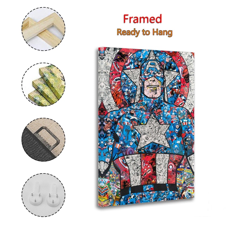 May include: Framed canvas art featuring Captain America. The artwork is a collage of Captain America images in shades of blue, red, white, and black. The text "Framed Ready to Hang" is displayed at the top of the canvas.