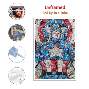 May include: A Captain America art print with a collage design. The artwork features a portrait of Captain America composed of various comic book images in shades of red, blue, white, and black. The text "Unframed Roll Up in a Tube" is at the top.