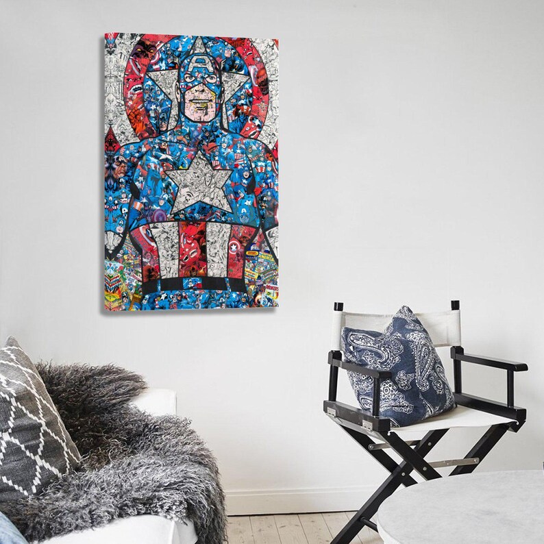 May include: A canvas print featuring a mosaic-style image of Captain America. The artwork showcases the character's iconic costume in red, white, and blue, with a large star on the chest. The background is a collage of comic book imagery.