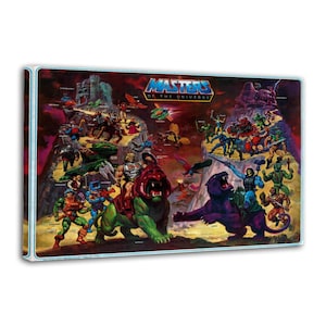 May include: A canvas print featuring a vibrant illustration from "Masters of the Universe." The artwork showcases various characters in action, with a green and purple beast prominently displayed. The title "Masters of the Universe" is at the top.