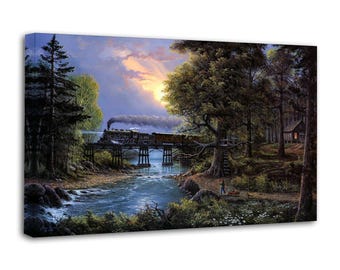Jesse Barnes Train Bridge Sonnenuntergang Wald Leinwand Kunstdruck Poster