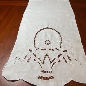 以下が含まれることがあります： 複雑なカットワーク刺繍が施された長い白の長方形のテーブルランナー。両端には花柄で満たされた中央のバスケットのモチーフが描かれており、スカラップエッジと生地全体に施された詳細な針仕事が特徴です。