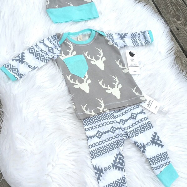 LAST ONE! Baby boy outfit with hat set. Tribal antler. Deer. Gray mint Coming home outfit! Size 9-12 months