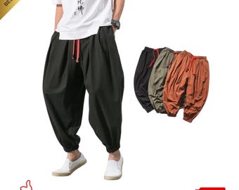 Pantalones harem extragrandes para hombre, joggers de algodón y lino, pantalones deportivos holgados de estilo chino, ropa urbana.