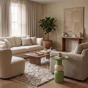 Op de afbeelding: Een ronde groene bijzettafel met een gestapelde cilindrische voet met een lichtbeige middengedeelte. De tafel heeft een gladde, glanzende afwerking en staat naast een beige gestoffeerde fauteuil in een woonkamer.