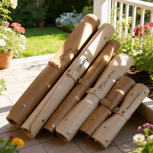 May include: A collection of rolled-up gardening mats in tan and cream hues, secured with brass studs. The mats feature inscriptions such as "Tierny" and "Grow with love." They are displayed on a wooden surface, with a garden visible in the background.