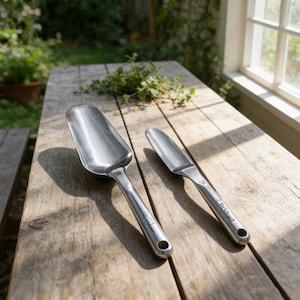 May include: Two polished stainless steel garden tools, a trowel and a transplanting knife, are displayed on a rustic wooden table. The trowel has a scoop-shaped head, and the knife has a pointed blade. The tools are engraved with the names "Bridget" and "Adam".