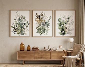 3Pcs Botanical Canvas Wall Art Set, Framed Greenery Watercolor Print, Sage Green Eucalyptus &Succulent Art, Aesthetic Bedroom Decor, 30x40cm