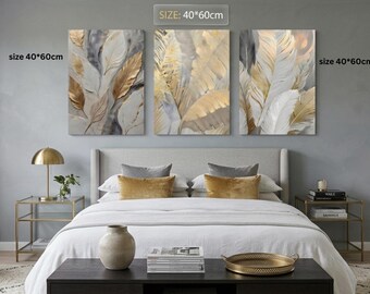 3 Piece Gold Leaf & Feather Canvas Wall Art, Textured Abstract Botanical Artwork, Framed Canvas Set 40x60cm, Elegant Bedroom Living Room Dec