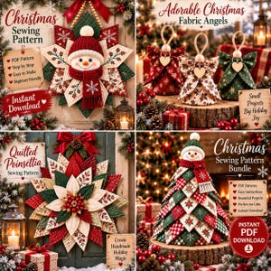 Peut inclure: Une collection de patrons de couture de Noël comprenant une suspension murale bonhomme de neige matelassée, des anges en tissu, une couronne poinsettia matelassée et un sapin bonhomme de neige, avec des étiquettes de téléchargement PDF.