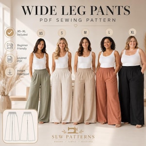 Könnte beinhalten: Ein digitales Schnittmuster für eine weite Hose mit dem Titel WIDE LEG PANTS PDF SEWING PATTERN. Das Bild zeigt fünf Hosenvarianten in Oliv, Creme, Beige, Terrakotta und Schwarz, kombiniert mit weißen Tanktops sowie eine technische Zeichnung.
