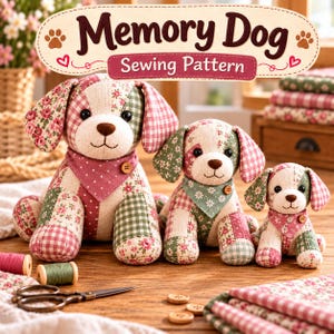 May include: Three stuffed dog toys in varying sizes made from patchwork fabric featuring floral, gingham, and polka dot patterns in pink, green, and white. Each dog wears a small fabric bandana with a single wooden button. Text reads Memory Dog Sewing Pattern.