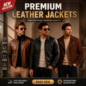 May include: Three leather jackets in brown, black, and tan suede. The text reads NEW COLLECTION, PREMIUM LEATHER JACKETS, TIMELESS STYLE. PREMIUM QUALITY., FAST DELIVERY WORLDWIDE, SHOP NOW, and SATISFACTION GUARANTEED. Icons show quality features.