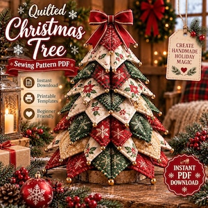May include: A quilted fabric Christmas tree decoration featuring layered triangular panels in red, green, and cream with poinsettia and snowflake patterns. The tree is topped with a red ribbon bow and accented with small gold beads at each point.