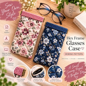 Puede incluir: Dos estuches acolchados para gafas con marco hexagonal y estampados florales en rosa y azul marino. Los estuches tienen un cierre de marco flexible de metal. Uno es crema con flores rosas y el otro es azul marino con flores blancas y azules.