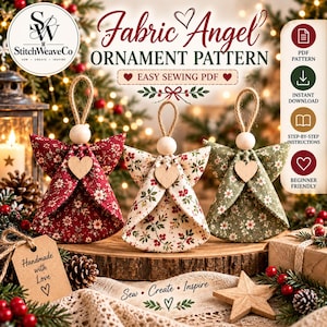 May include: Three fabric angel ornaments with floral patterns in red, cream, and green. Each angel features a wooden bead head, a jute hanging loop, and a small wooden heart on the chest. The text reads Fabric Angel Ornament Pattern.