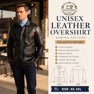 Mönster för unisex läderöverskjorta XS-3XL – Shacket PDF (digital nedladdning A0 A4 US Letter)