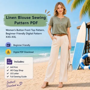 May include: A digital sewing pattern for a linen blouse with a button-front design. The text reads: Linen Blouse Sewing Pattern PDF, Women's Button Front Top Pattern, Beginner Friendly Digital Pattern XXS-XXL, Beginner Friendly, Digital PDF Download, Includes: A4 Print, A0 Copy Shop, US Letter, Full Sewing Guide, Instant Download.