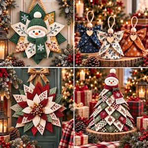 May include: A collection of four holiday decorations including a quilted star-shaped snowman wall hanging, three fabric angel ornaments with wooden heads, a quilted poinsettia wreath, and a cone-shaped snowman tree ornament with fabric layers.