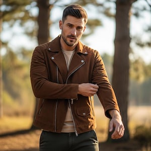 Op de afbeelding: Een bruine suède motorjas met een ingekeepte revers, zilverkleurige metalen ritsen, doorgestikte schouderdetails en een kleine klepzak aan de voorzijde. De jas wordt gedragen over een beige T-shirt en gecombineerd met een donkere broek.
