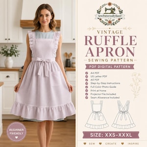May include: A light purple ruffle apron with a waist tie and a single pocket. The text reads: VINTAGE RUFFLE APRON SEWING PATTERN, PDF DIGITAL PATTERN, A4 PDF, US Letter PDF, A0 PDF, Step-by-Step Instructions, Full Color Photo Guide, SIZE: XXS-XXXL.