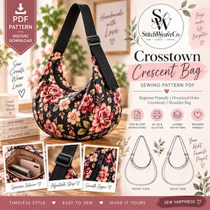 Könnte beinhalten: Eine halbmondförmige Hobo-Tasche mit schwarzem Stoffgrund und einem lebendigen Blumenmuster in Rosa-, Rot- und Cremetönen. Die Tasche verfügt über einen breiten, verstellbaren schwarzen Riemen, einen Reißverschluss oben und ein geräumiges Innenfach.