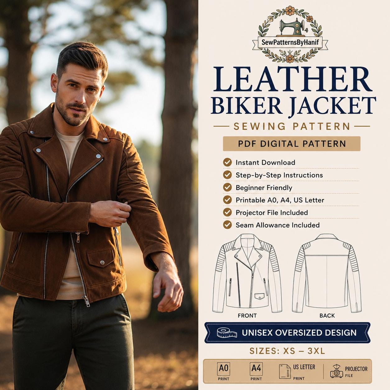 Leather Biker Jacket Sewing Pattern | Unisex Oversized Design (PDF A0 ...