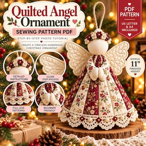 Pode incluir: Um molde de costura em PDF para um enfeite de anjo acolchoado, apresentando um anjo acabado de 28 cm de altura com cabeça creme, vestido de tecido floral em vermelho e creme, acabamento em renda e coroa de flores, com texto e tutoriais.