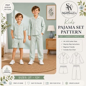 May include: A digital sewing pattern for a kids pajama set by StitchWeaveCo, featuring a light green button-down shirt with short and long sleeves, matching shorts, and long pants. Includes A4, A0, and Letter sizes for ages 2T to 12Y.