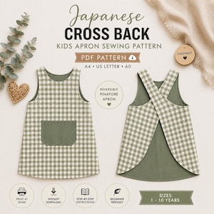 May include: A digital sewing pattern for a reversible kids' cross-back pinafore apron. The design features a sage green and white gingham check pattern with a solid sage green pocket and interior. Text includes Japanese Cross Back Kids Apron.