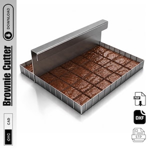 Könnte beinhalten: Ein Brownie-Schneider aus Edelstahl mit rechteckigem Rahmen und Gleitklinge, der gleichmäßig große Brownies schneidet. Die Brownies haben eine satte, dunkelbraune Farbe, und der Schneider ist mit "Brownie Cutter" beschriftet.