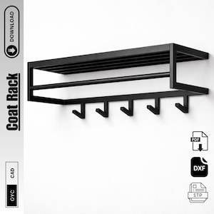 May include: A black metal coat rack with a shelf, a horizontal bar, and five hooks. The words "Coat Rack" and "Download" are printed on the left side of the image.