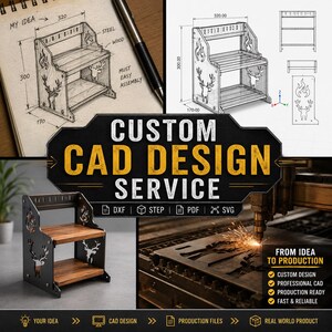 May include: A composite image advertising a custom CAD design service. It features sketches, technical drawings, a finished shelf unit, and laser cutting. The shelf has deer and flame cutouts. Dimensions are 30 cm high, 32 cm wide, and 17 cm deep. Text: "Custom CAD Design Service".