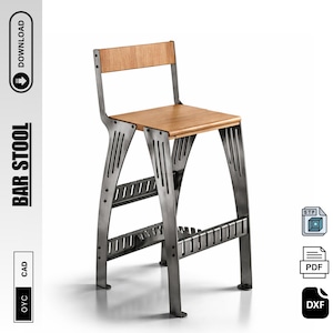 Könnte beinhalten: Ein Barhocker mit einer Sitzfläche und Rückenlehne aus hellem Holz. Der Rahmen besteht aus Metall mit silbernem Finish. Der Hocker hat ein modernes Industriedesign. Der Text "BAR STOOL" und "DOWNLOAD" sind auf der linken Seite des Bildes zu sehen.