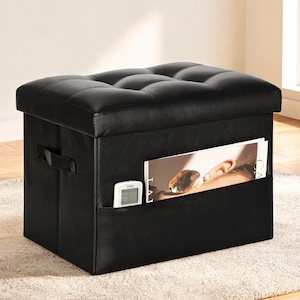 May include: A black rectangular storage ottoman with a tufted, padded lid. The exterior features a side pocket containing a white remote control and a magazine. A small black handle is attached to the side of the unit for easy movement.
